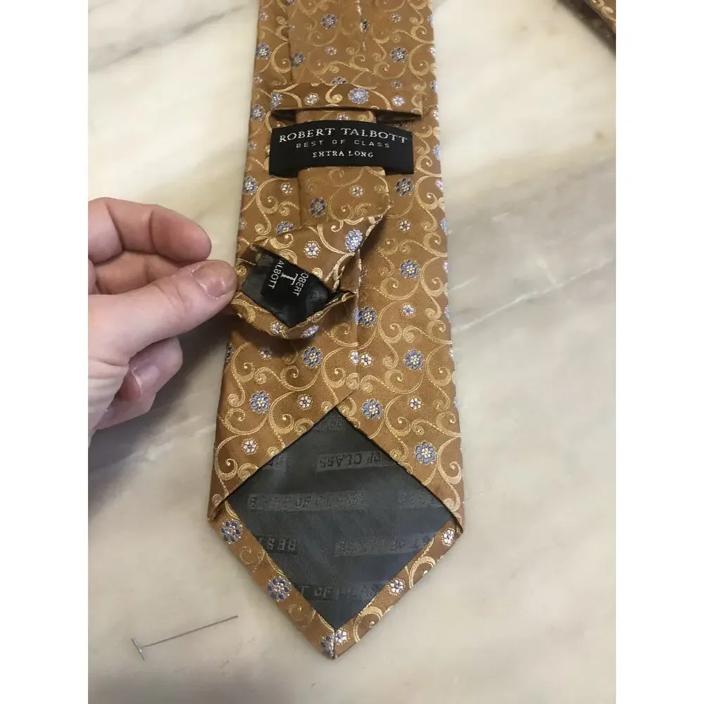 Robert Talbott Best Of Class Men Size XL Silk Gold Blue Floral Medallion Tie